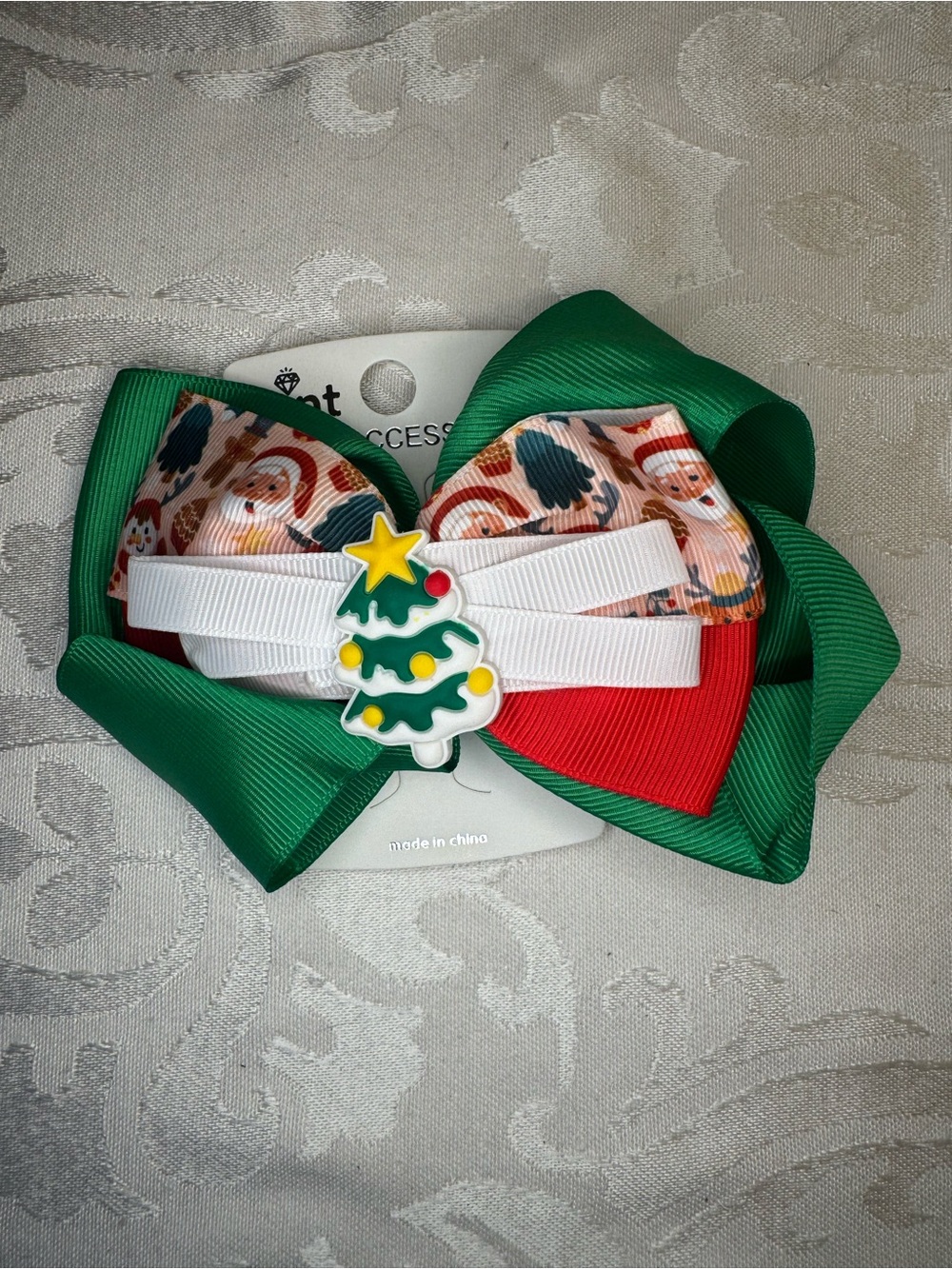 New MINT Kids Green Christmas and Santa Tree Bow Hair Clip
